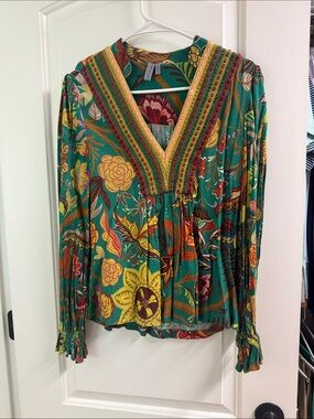 Anthropologie Green Floral Boho V-Neck Blouse with Yellow Accents